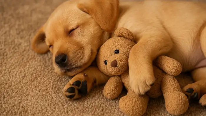 Ein Welpe schläft, dabei hält er sein Kuscheltier.