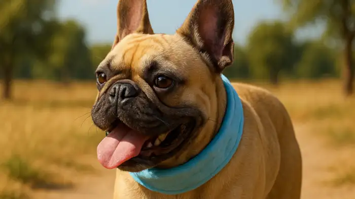 Eine französche Bulldogge trägt ein Kühlhalsband und ist läuft entspannt durch die Sommerhitze