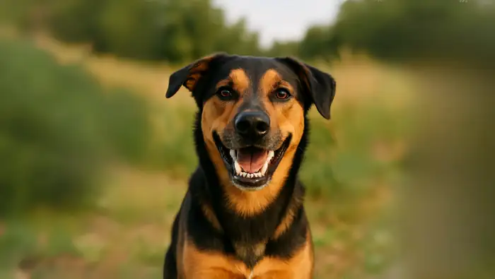 Ein freundlicher Hund zeigt seine makellosen Zähne