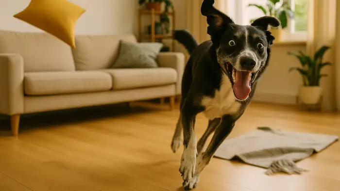Ein Hund rennt mit weit aufgerissenen Augen wild im Wohnzimmer im Kreis. Er hat die Zoomies.