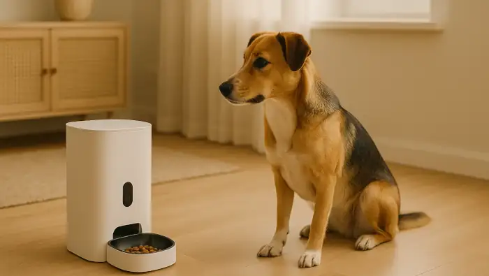 futterautomat-hund Ein Hund sitzt erwartungsvoll vor seinem Futterautomaten.