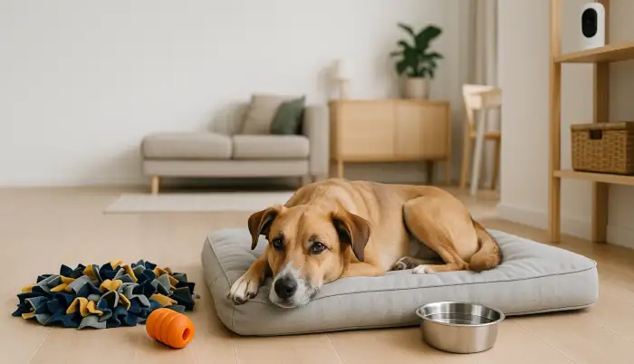 Ein Hund ist alleine zu Hause. Er liegt entspannt auf seinem Hundebett, neben ihm Wassernapf, Schnüffelteppich und Kauspielzeug. Im Hintergrund eine Hunde-Kamera.