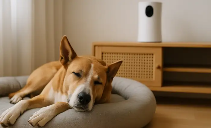 hund-hundekamera Ein Hund schläft auf seinem Hundebett. Im Hintergrund steht eine Hundekamera.