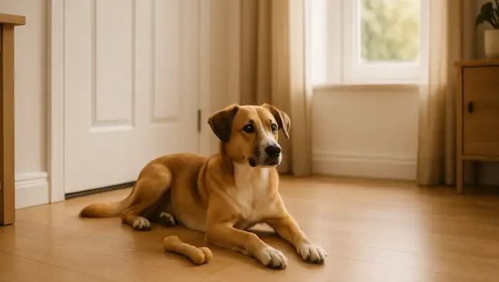 Ein Hund liegt vor der Wohnungstür. Noch aufmerksam, nicht ganz entspannt. Er lernt noch, alleine zu bleiben.