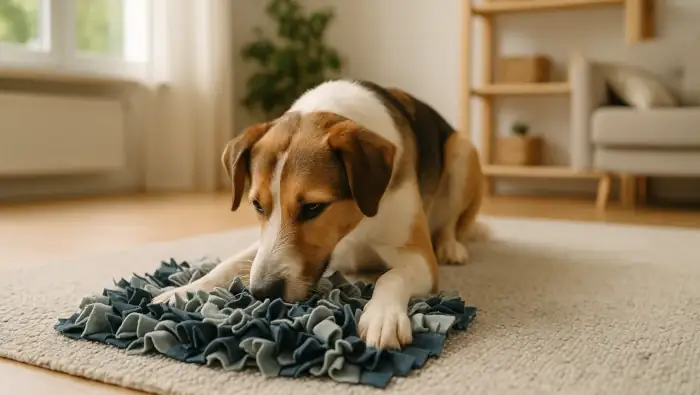 Ein Hund ist entspannt mit seinem Schnüffelteppich beschäftigt.